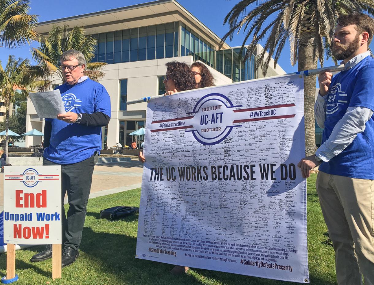 Students and faculty at UC Santa Barbara and campuses across the state rallied February 3 to support the lecturers' contract negotiations. UC-AFT is asking for available classes to be assigned to current faculty before hiring new faculty, longer appointment terms, more full-time teaching jobs, compensation for service and professional development work, fair workload standards, and middle class salaries. | Photos courtesy UC-AFT