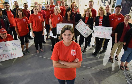 Local President Stephanie Rosenblatt and Cerritos faculty members organize to demand equity at the board of trustees meeting.