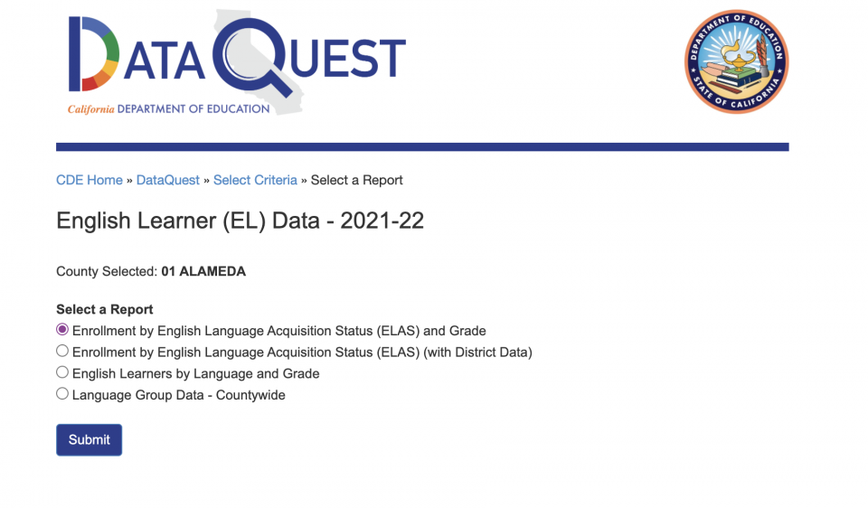 screenshot of DataQuest reports available
