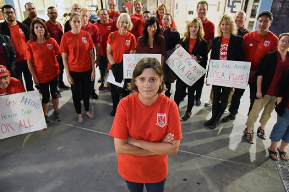 Local President Stephanie Rosenblatt and Cerritos faculty members organize to demand equity at the board of trustees meeting.